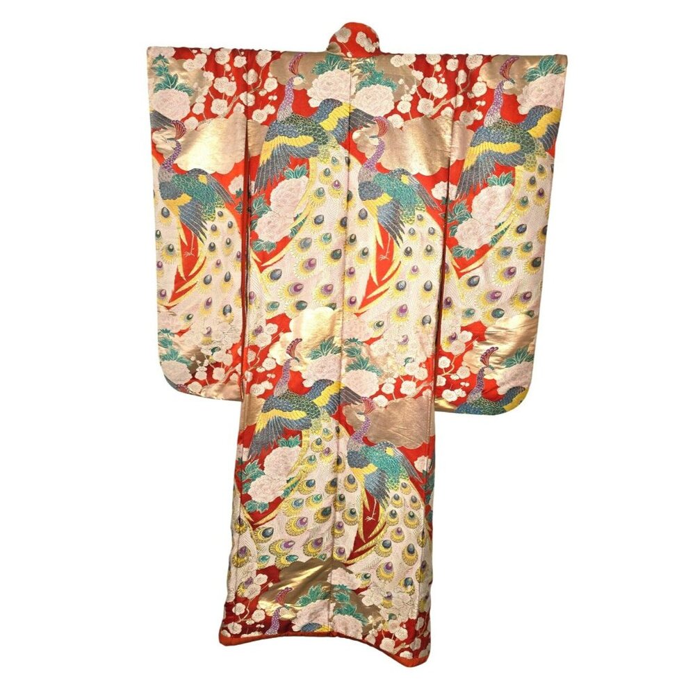 Vintage Japanese Kimono Ceremonial Uchikake Robe With Peacock & Crane Design